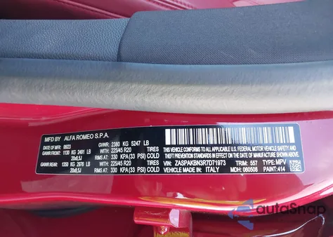 2024 Alfa Romeo Stelvio Veloce Awd из США, поврежденный, VIN ZASPAKBN3R7D71973